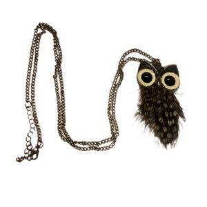 Trendy Statement Silver Bohemian Stylish Owl Eyes Feather Pendant Necklace OS